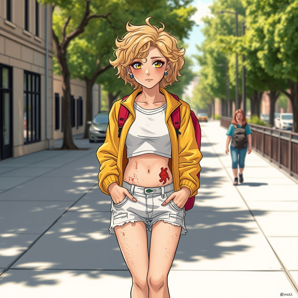 Realistic drawing style image, Extremely good quality 8k resolution drawn manga image of a 15 year old petite and short tomboy girl with golden blonde curly hair with mixed and different colored eyes for each eye and moles on her entire body and is a white American girl, Has on a Gold Jacket over a white extremely short crop top only covering her breasts and nothing more with a design on it, and has on ripped shorts and cool looking sneakers and a deep and big knife cut wound on her stomach from a huge injury she had, with a bright color backpack, ear piercings on, walking on the street to school in the morning with the beautiful sunlight lighting up her body beautifully with no tattoos.