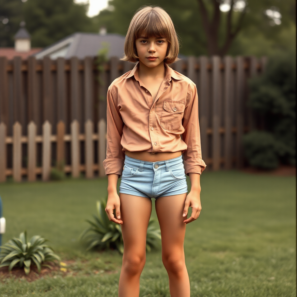 tall 14yo teen boy, long hair bob cut, wearing shirt and very tight booty shorts, long legs, narrow thighs, full-length front view. 1970s. At backyard. photorealistic, ultra high resolution, 16K, Negative: grainy, blurry, bad anatomy, extra limbs, watermark.