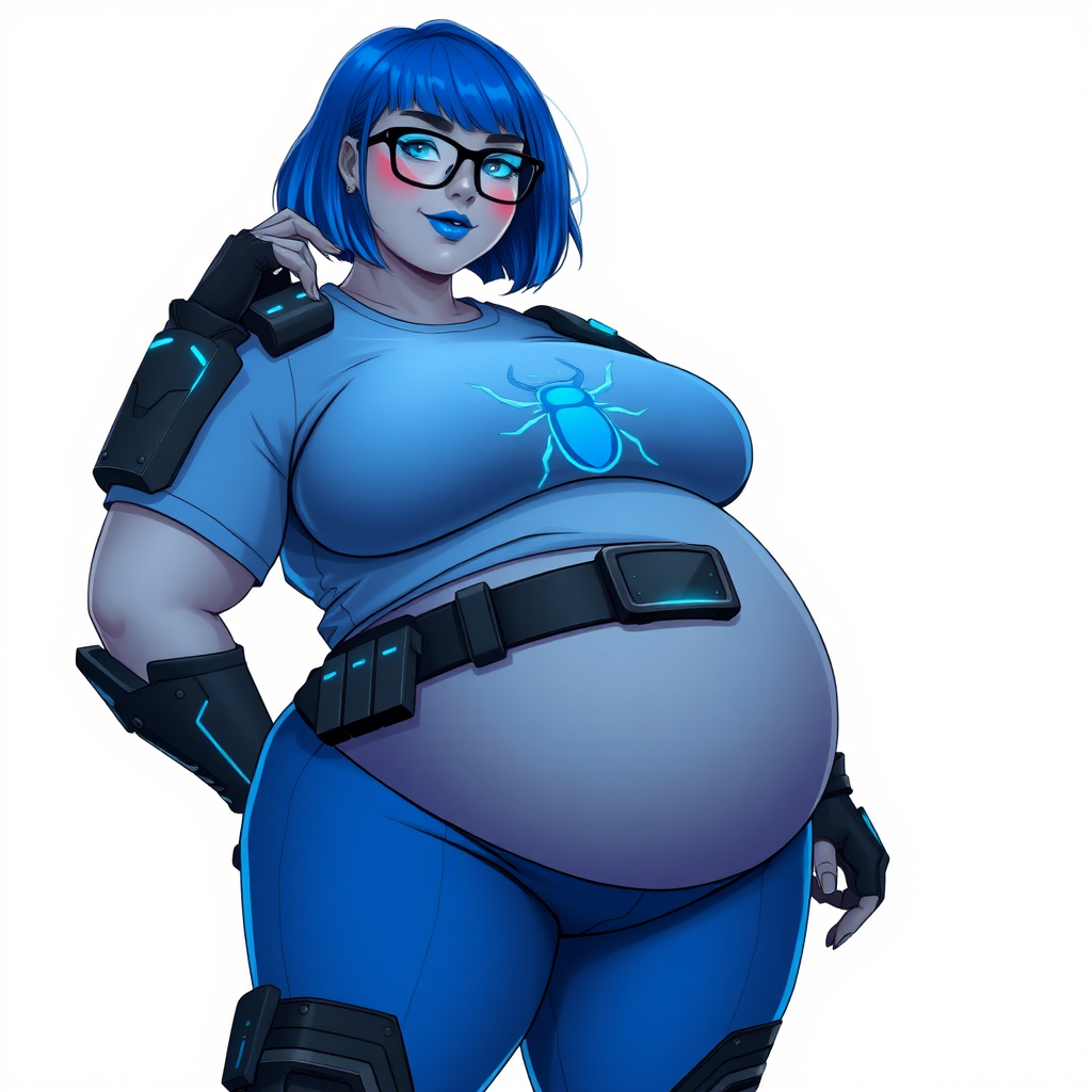 A 28-year-old, full-figured, Middle Gray skinned, computer program hybrid with a maximum blue bob cut. She has a non-athletic, full-figured build, highlighted by a prominent, round, large midsection (with heavy emphasis on her large belly). As the full-figured, nerdy, digital sidekick to her cyberpunk vigilante boyfriend, her metallic middle gray skin and maximum blue lipstick emphasize her digital nature. She wears a digital, computerized costume, consisting of a huge, tight-fitting, maximum blue t-shirt with a neon blue glowing beetle chest icon, hi-tech shoulder pads with neon blue glowing accents, a black hi-tech belt with a digital neon blue glowing buckle, digital maximum blue pants with neon blue accents, and black hi-tech gloves with neon blue glowing accents. Her bright blue eyes, black eyeglasses with neon blue glowing lenses with a built-in HUD, and shy smile with neon red blush accentuate her nerdiness. She stands bashfully with one hand behind her back and the other hand gently touching her cheek, her costume covering all her skin and emphasizing her full-figured physique (especially her belly). She is clearly non-athletic, with a heavy focus on her large belly. Despite her build, she radiates beauty. She has a slim face compared to her physique, accentuating her radiant beauty. She is on a solid white background. She is drawn as if she were in a retro 2D cyberpunk fighting game.