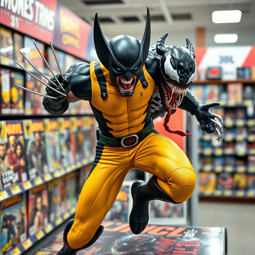 Jumping out of a Comic book cover on a store shelf is Wolverine and Venom with in Cinematic Real3D photo-realistic quality.