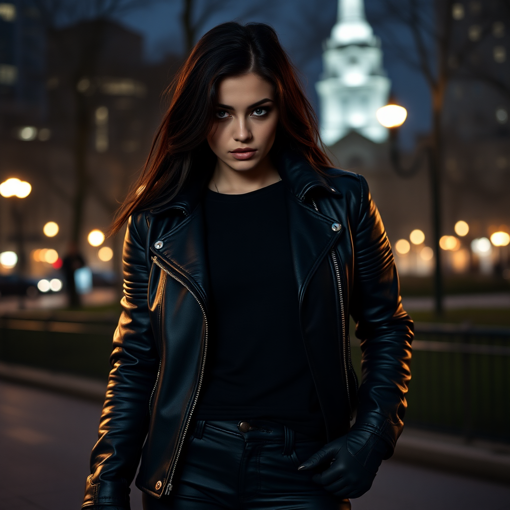 A beautiful badass female burglar in black leather jacket over black t-shirt with black pants and gloves in Manhattan park at night.