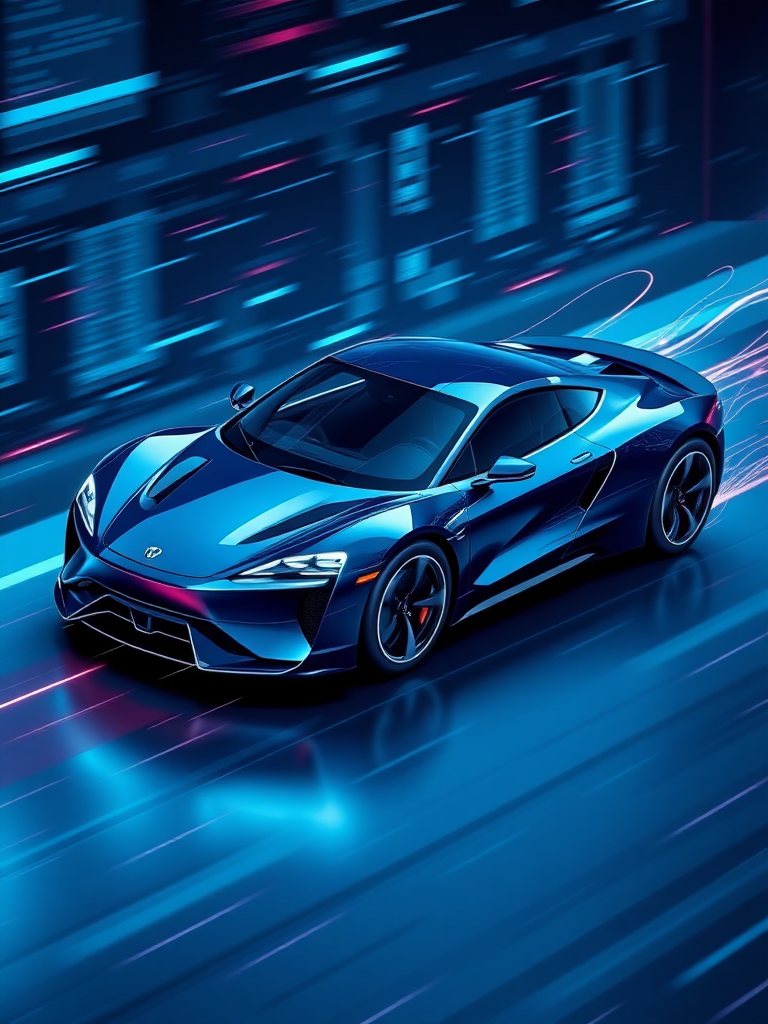 Please render a realistic 3D image of an electric car racing in cyberspace. Make the background cyber-like and express it with a sense of speed with "electric sparks". Make the overall color dark blue. Draw it in isometric view.