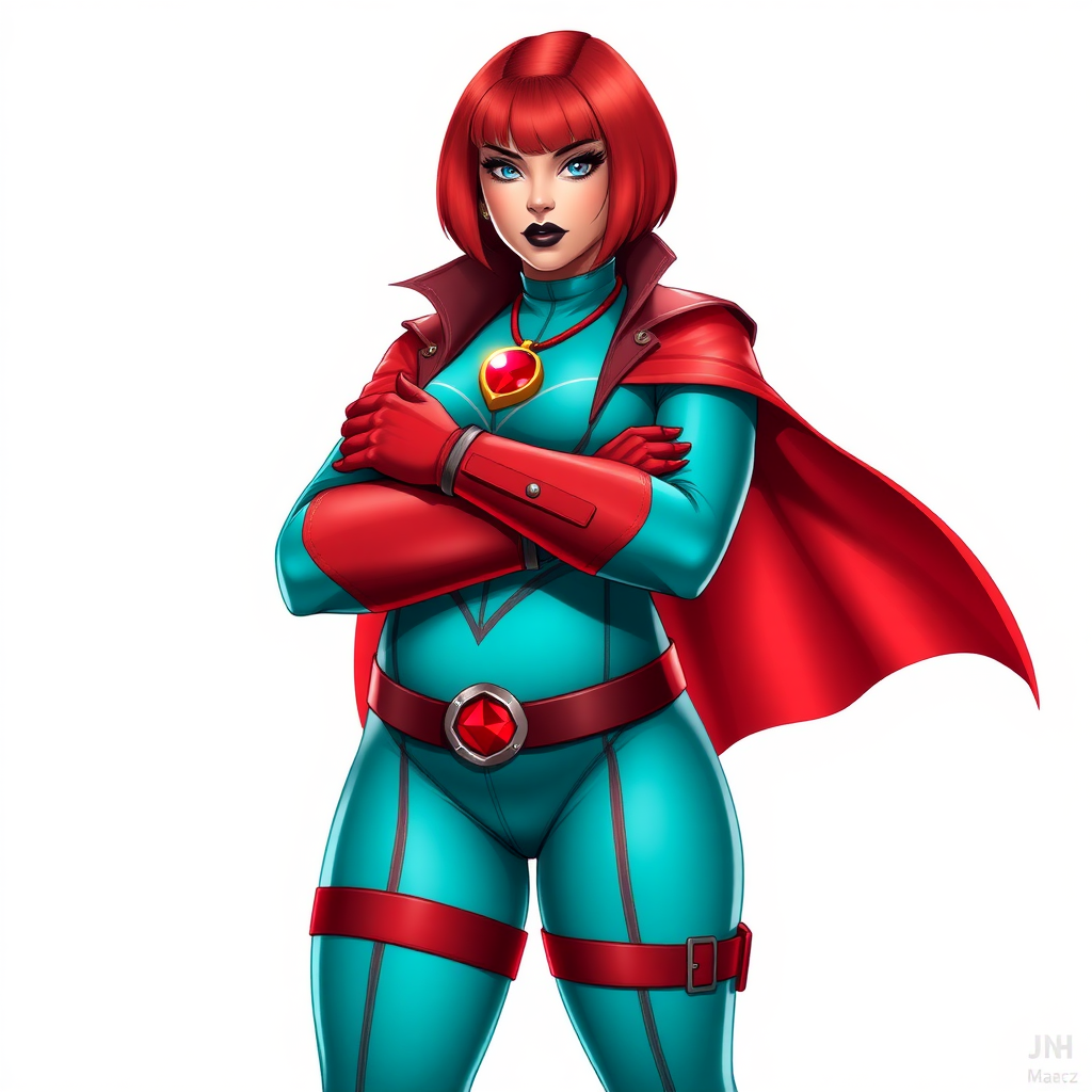 A 26-year-old, full-figured, magical girl vigilante detective becomes the heavily pampered mystical ally of her cyberpunk vigilante older brother figure. She has a bright red bob cut, black lipstick, and piercing bright blue eyes. Her new non-athletic build is now highlighted by a prominent, round, gargantuan midsection, fully focused on her gargantuan belly, reflecting her pampered lifestyle. Despite her physique, she exudes full confidence. She wears a magical girl detective costume consisting of a tight-fitting, maximum turquoise bodysuit that accentuates and emphasizes her gargantuan belly, a glowing neon red cape, a mystical ruby amulet (the source of her mystical powers), and magical red gloves glowing neon red. Her costume covers all her skin and accentuates her full-figured physique, especially her gargantuan belly. She stands firm and resolute, arms crossed, exuding a no-nonsense attitude. Her costume reflects the influence of DC New 52 Prime Earth’s Phantom Lady, Jennifer Knight, while her pose embodies the moral ambiguity and determination reminiscent of DC’s Pax Americana’s The Question. She is depicted on a solid white background. She is drawn as if she were in a retro 2D cyberpunk fighting game. Her non-athletic build is clearly emphasized, with a focus on her full-figured physique, especially her gargantuan belly. Ensure her costume covers all her bare skin, particularly her gargantuan belly.