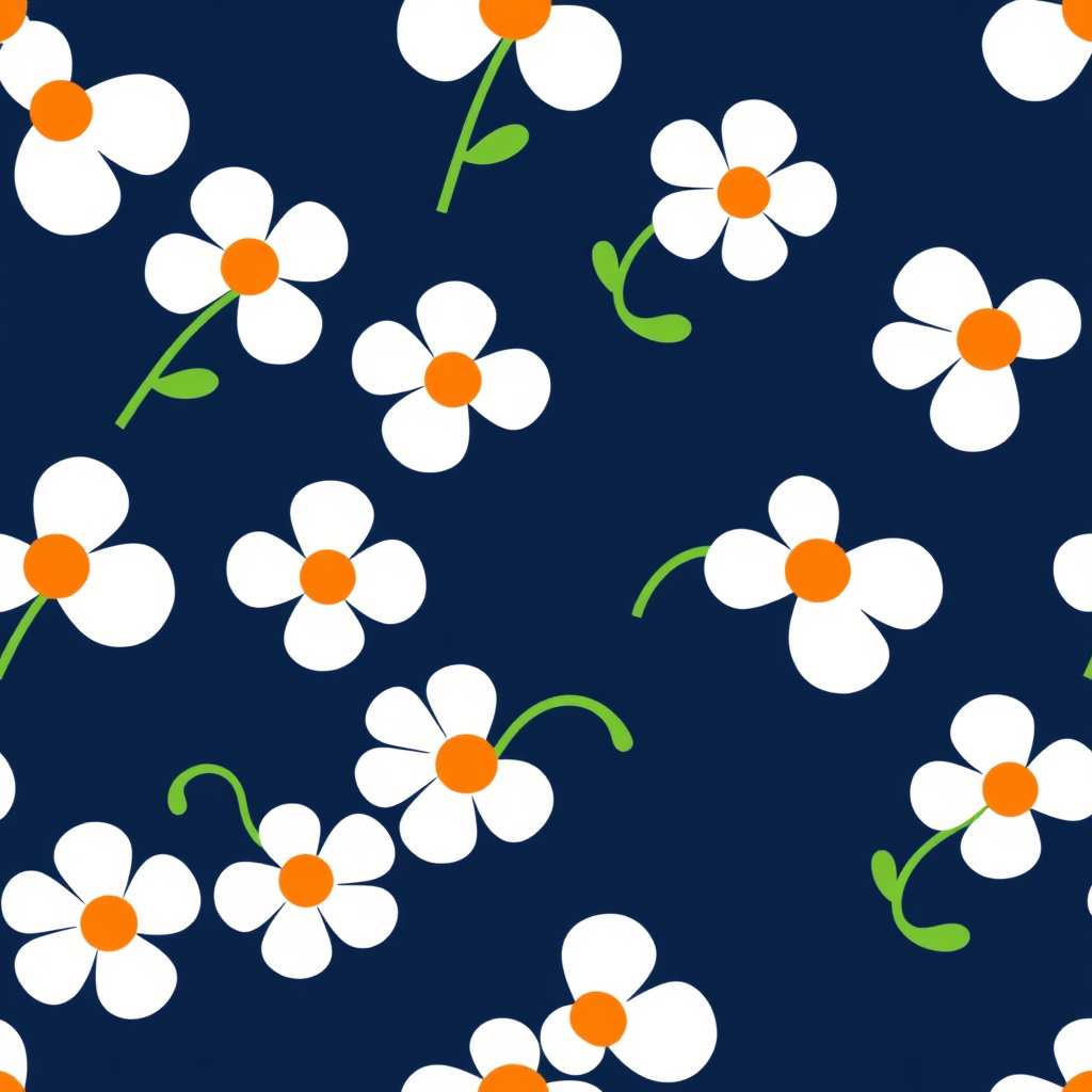 This is a digital illustration featuring a playful and repetitive pattern of stylized flowers against a dark navy blue background. The flowers are depicted in a simple, minimalist design with five white petals and a bright orange center. Each flower has a green stem and a curved, green leaf attached to the stem, giving the impression of a blooming flower. The flowers are evenly spaced and arranged diagonally across the image, creating a dynamic and visually engaging pattern.

The simplicity of the design, with its clean lines and bold colors, gives the illustration a modern and graphic feel. The white petals and orange centers stand out vividly against the dark blue background, creating a striking contrast that draws the eye. The green stems and leaves add a touch of natural greenery, balancing the overall design and giving it a fresh and lively appearance.

The image has a flat, two-dimensional quality, typical of digital illustrations, and lacks the depth and texture of traditional art forms. The pattern is seamless, allowing it to be easily repeated without any noticeable breaks or gaps. The overall style is reminiscent of mid-century modern design, characterized by its simplicity and bold use of color.