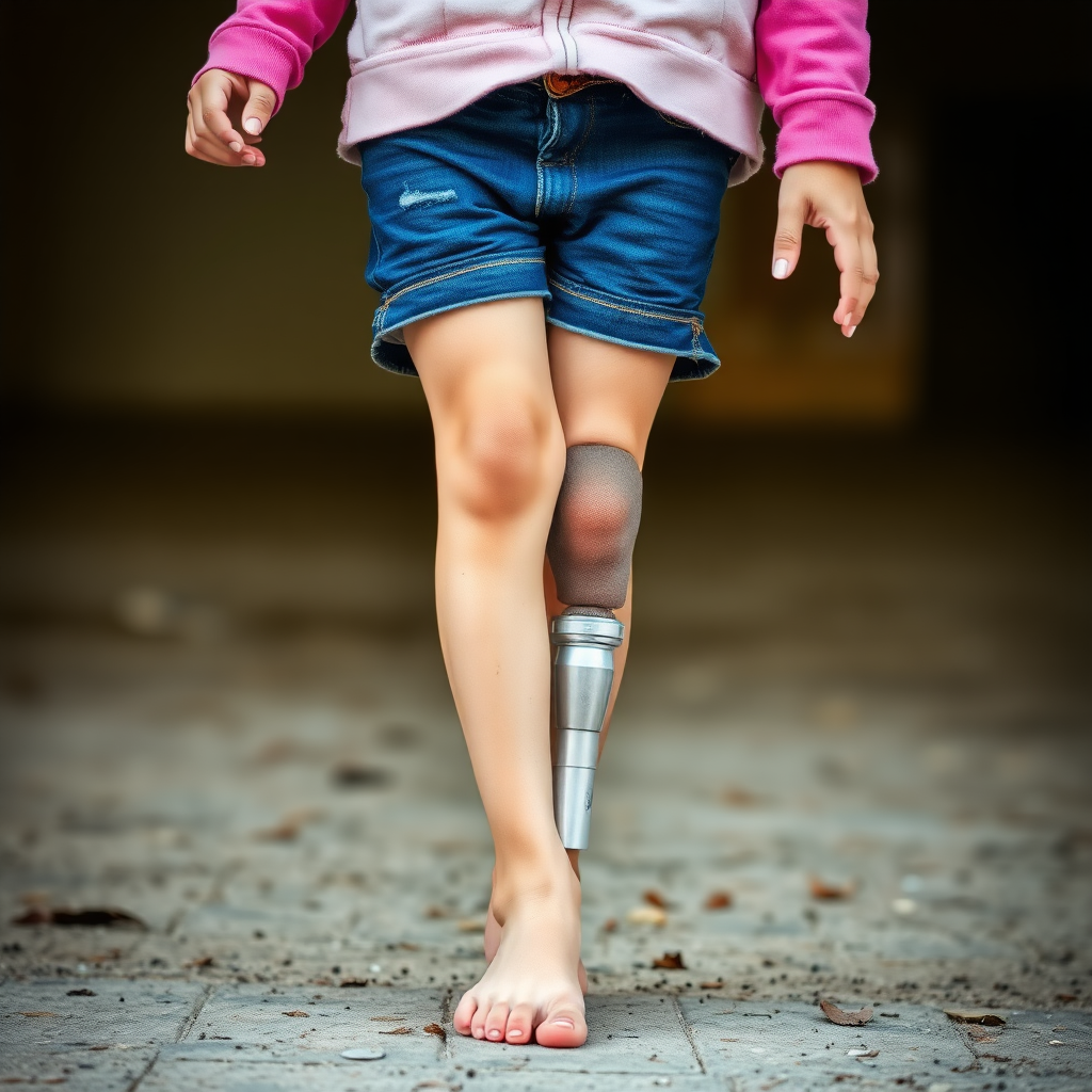 A girl with a leg amputation, tall, clear residual limb, ground.