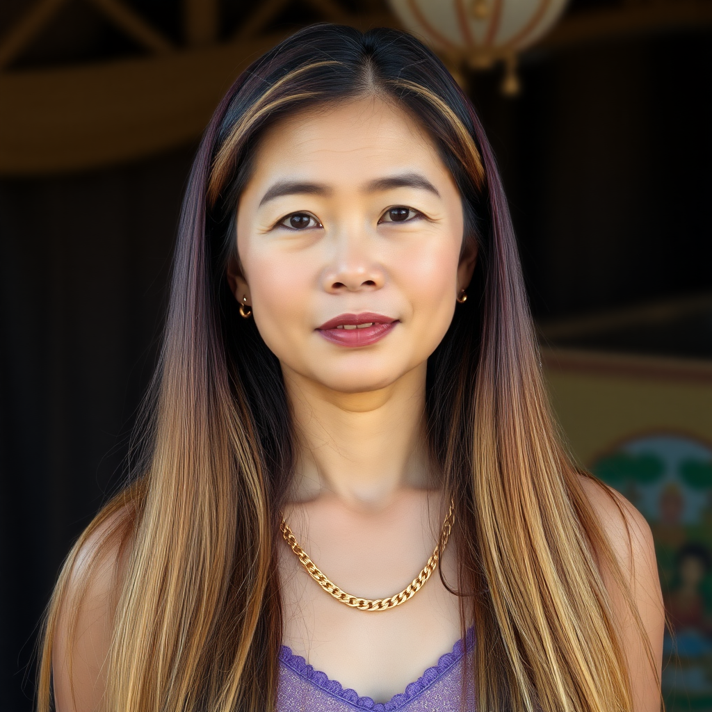 A 45 Year young North-East Thai Women with gold and violet colored long straight Hair and a fine Gold chain.