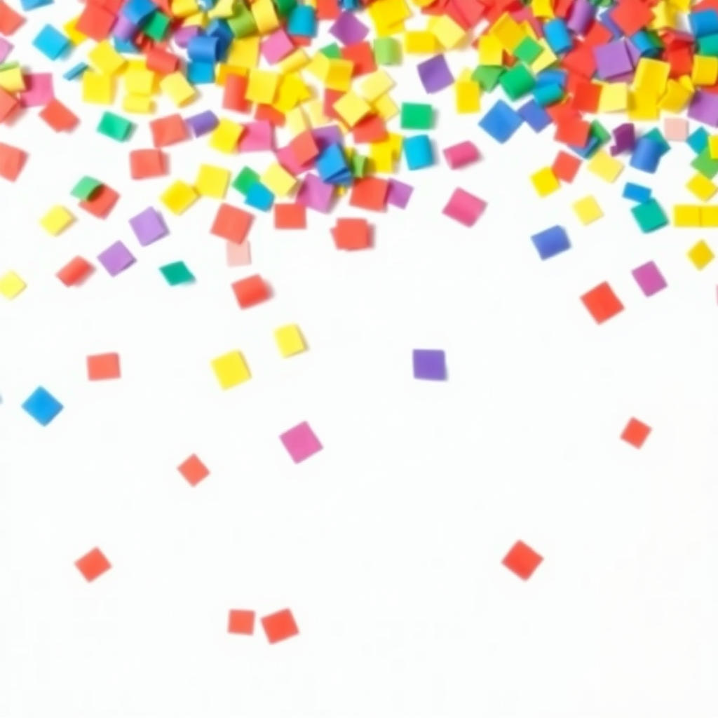 A high-resolution, colorful image of confetti pieces scattered across a plain white background. The confetti should include a variety of shapes and sizes, with vibrant colors such as red, blue, yellow, green, and purple. The image should have a clean, professional look suitable for use as a stock photo or graphic element.