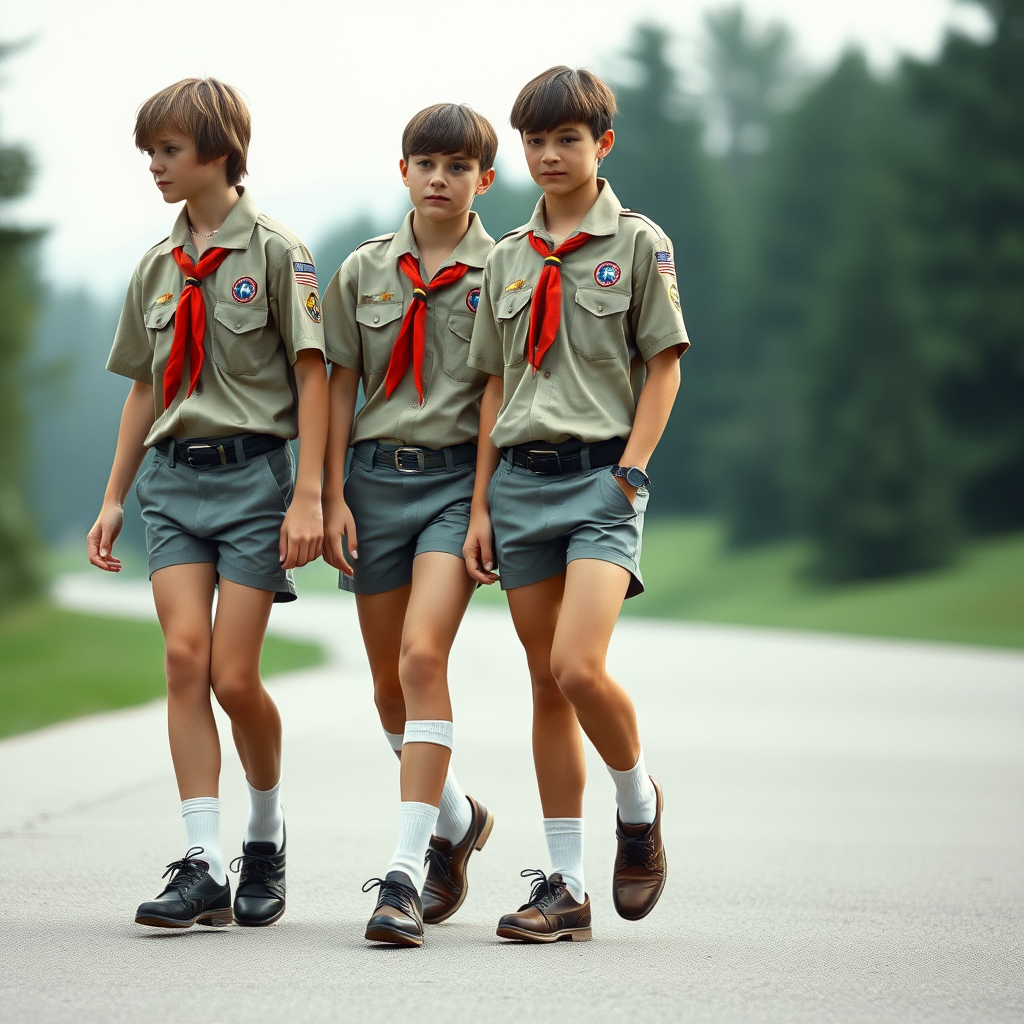 two tall 14yo teen boys, bob cut, wearing American boy scout uniform with uniform matching very tight booty shorts, tube socks, shoes, long legs, narrow thighs. walking. full-length view. 1980s. photorealistic, ultra high resolution, 16K, Negative: grainy, blurry, bad anatomy, extra limbs, watermark.