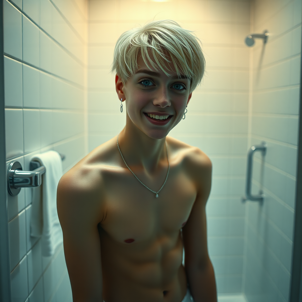 photorealistic, ultra high resolution, 16K, surreal fantasy, studio lighting, a pretty 14 year old goth boy, slim male physique, short blonde hair, goth makeup, earrings, pantyhose, white ballet shoes, in the bathroom, excited smile, facing the camera.