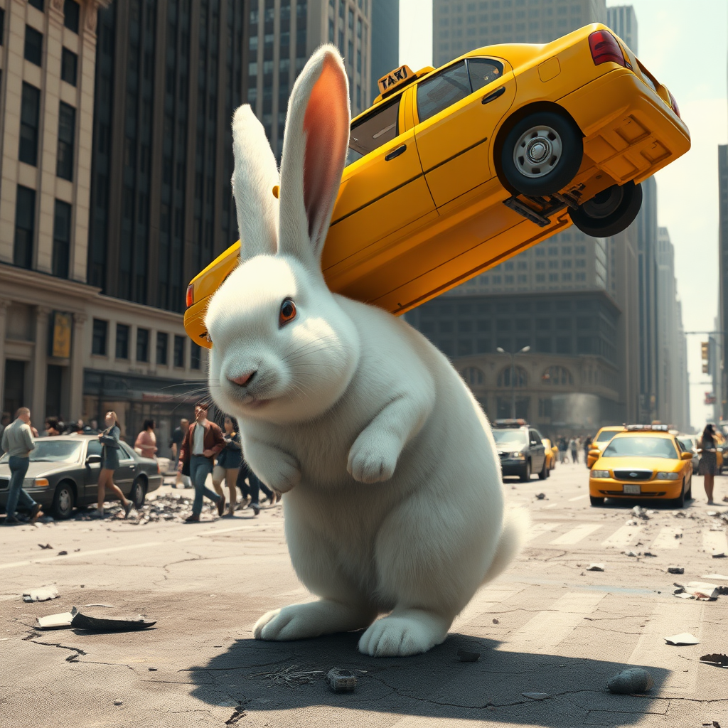 surreal image of a gigantic white rabbit standing in the middle of a city street, holding a yellow taxi cab above its head with ease. The rabbit is soft and fluffy, with fine details in its fur and a calm expression, contrasting the chaos around it. The city scene features tall buildings, shattered cars, debris, and cracks in the road as if a massive event has just occurred. People in the background are reacting with shock, some running while others are frozen in disbelief. The lighting is natural, with daylight illuminating the scene, casting realistic shadows from the buildings and the rabbit. The taxi's details, such as its wheels and windows, are sharply defined. The overall tone is both whimsical and chaotic, blending realism with fantasy. Ultra-detailed, trending on ArtStation, hyper-realism, with cinematic lighting and dynamic action.