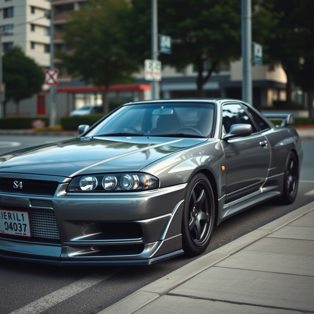 The car is parked on the side of the road, inspired by Taiyō Matsumoto, tumblr, restomod, nd4, c4 metallic shine gray black nissan skyline r34 kalabalik tokyo gece arkaplan