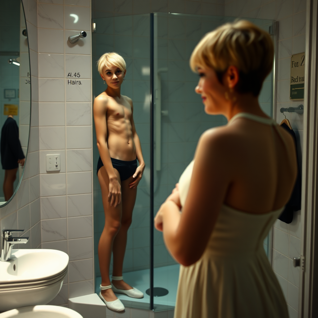 photorealistic, ultra high resolution, 16K, surreal fantasy, studio lighting, a 35 year old mother who is fully dressed for work is watching her pretty 14 year old goth son, slim male physique, short blonde hair, goth makeup, earrings, pantyhose, white ballet shoes, in the bathroom, excited smile, facing the camera.