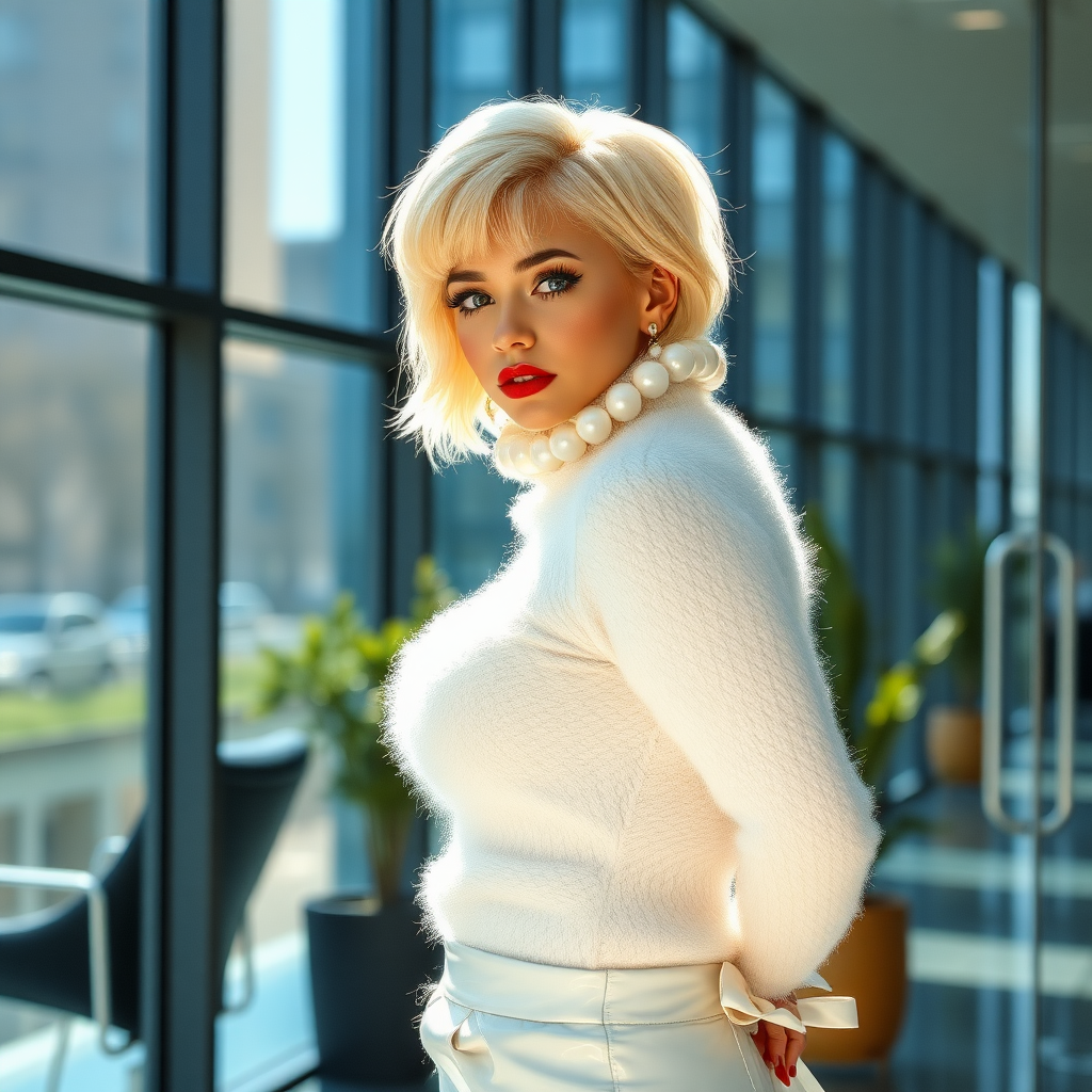 Sunny spring morning, modern glass-steel-concrete office: Ana, European 17 years old very convincing femboy “trophy-bimbo”, tamed servile docile, very beautiful feminine flawless face, rather short boyish figure, platinum blond short tight curls, bold red lips, heavily made-up face, wearing Supertanya-style chunky fluffy very fuzzy bright white plushy mohair figure-hugging turtleneck-knitdress with white pearl decoration, white vinyl thigh-high boots with golden heels, pearl earrings, serious, hands tied behind back, leaning forward presenting her assets, arrogantly looking at camera. Focus on face and knitdress.