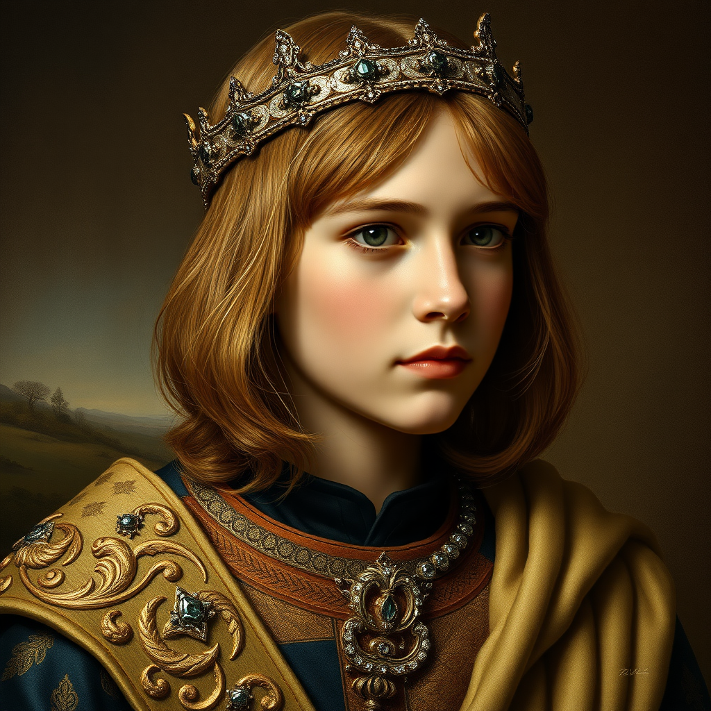 16yo teen boy prince, long bob cut, embroidered with gold and diamonds medieval cloths, diamond diadem, natural skin texture, and beautiful war. Free style by 15% Adolphe William Bouguereau, academic realism and 5% Sandro Botticelli, early Renaissance and 80% Otto Lomüller, Boy Scout photorealism. The background is in the style of landscape style by Antonio del Polaiolo, generating the signature at the bottom: Viva FLUX and Bach, ultra high resolution, 16K,