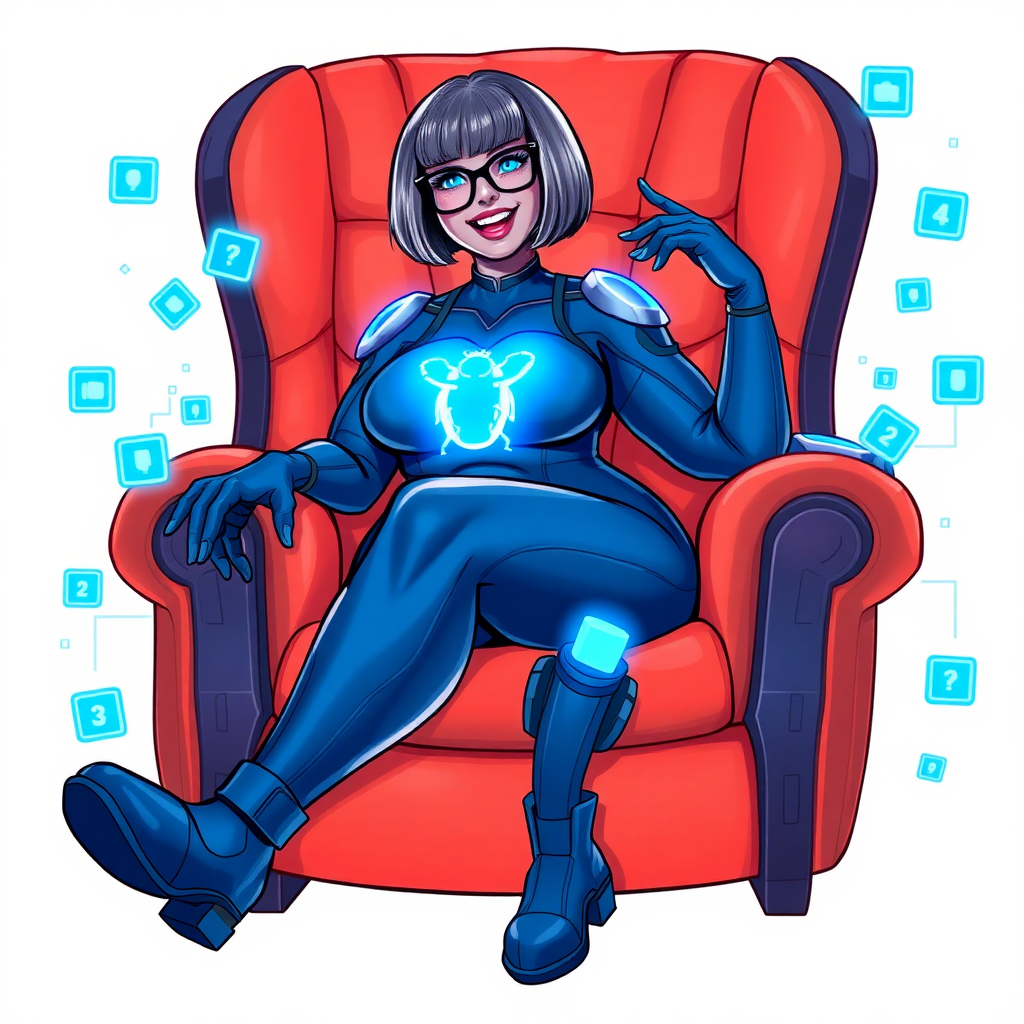 A heavily, extremely, and intensely pampered nerdy full-figured middle blue skinned digital sidekick, a 28-year-old computer major, has been transformed by her doting vigilante boyfriend. Her middle blue skin and bob cut seamlessly integrate with her data, and her neon blue eyes glow with intelligence. Her physique, now showcasing a gargantuan round midsection, massive limbs, and broad shoulders, contrasted by a slim face, clearly reflects her indulgence and pampering. Her full figure is prominently highlighted, with her gargantuan, rounded midsection and massive limbs emphasizing her pampered status. As the loyal and supportive sidekick, she plays a crucial role in their missions, using her digital prowess to assist and protect.

She wears a digital maximum blue bodysuit, featuring a glowing neon blue beetle chest icon, digital maximum blue boots, and matching high-tech gloves. She bashfully giggles with a neon red blush, emitting neon blue data cubes from her body. Her full figure, now supersized and heavily emphasized by her nerdy appearance, clearly shows how pampered she is. Her nerdiness is accentuated by her black oversized eyeglasses.

Her outfit, influenced by DC’s Jennifer Knight Phantom Lady, remains distinct. Adding to her pampering, she serves as his minicomputer, traveling in his high-tech wristwatch and supercar’s computer system. Using her ability to hack into computers and machines, she relays crucial knowledge relating to his missions.

In her new pose, she sits comfortably on a plush, high-tech chair with one leg crossed over the other, her oversized glasses slightly askew as she adjusts them with a bashful smile. Her relaxed posture and content expression, combined with the glowing data cubes around her, clearly reflect her status as a heavily pampered, nerdy digital sidekick. Her gargantuan, rounded midsection and massive limbs are prominently displayed, emphasizing her indulgence and pampering while maintaining her nerdy physique. She is on a solid white background. She is drawn as if she was in a retro 2D cyberpunk fighting game.