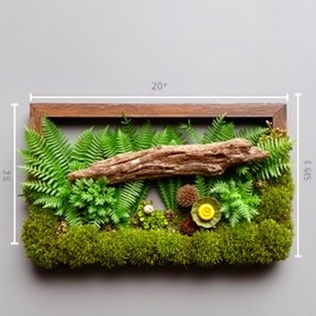 A horizontally placed frame measuring 20 centimeters long, 15 centimeters wide, and 5 centimeters deep is filled with ferns and mosses, with a piece of driftwood in the center, and moss covering the blank corners of the frame.