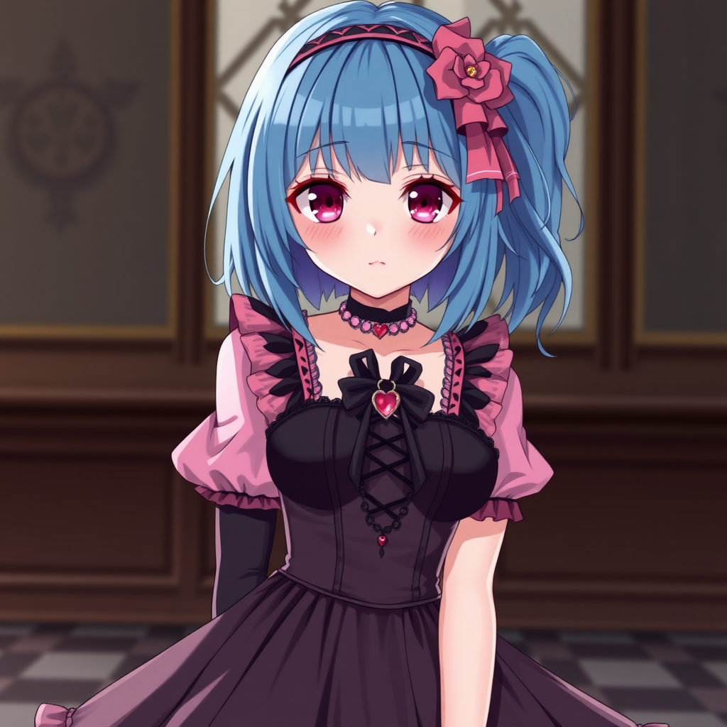 Anime girl with blue hair and magenta eyes that is wearing a pink-black gothic lolita dress. She has big boobs, a small waist and wide hips.