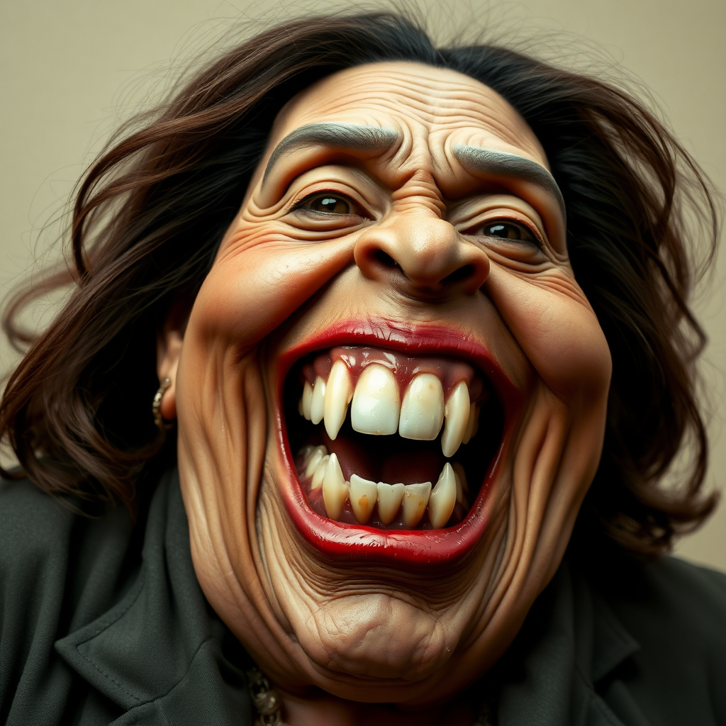 Kamala Harris lookalike old fat ugly female alien laughing with behemoth-size mouth, showing big rotten teeth.