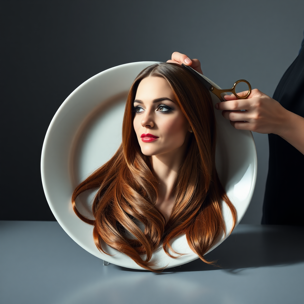 In a strikingly surreal scene, a beautifully crafted porcelain plate holds the disembodied head of a graceful Kate Middleton, her long, flowing hair cascading around like a luxurious waterfall of silky strands, shimmering in various shades of deep chestnut. Each hair seems to catch the light, creating an almost ethereal glow. Nearby, a meticulous hairdresser, dressed in a sleek black apron, carefully snips away at Kate's locks with precision scissors, their actions fluid and deliberate, emphasizing the delicate artistry of the moment.

The setting boasts minimalist decor, with a plain gray background that heightens the focus on this bizarre tableau. Soft shadows play across the smooth surface of the plate, enhancing the haunting beauty of Kate's serene expression, which conveys both elegance and an uncanny sense of stillness. The atmosphere is a blend of surreal calm and unsettling intrigue, pulling the viewer into a dreamlike space where reality and imagination intertwine. Gentle noises of scissors softly clipping away hair are the only sounds in this peculiar yet captivating scenario, heightening the tension and drawing viewers into this striking juxtaposition of beauty and the bizarre.