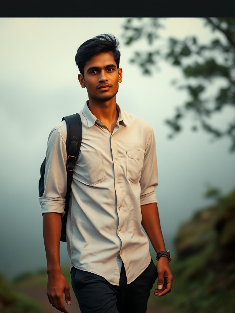 A 25-year-old Kerala man, wearing a light shirt and dark pants, walks alone on a misty mountain path. His medium brown skin glows softly in the early morning light, and his short black hair moves gently with the breeze. He has a calm, introspective expression, carrying a backpack over one shoulder. The camera captures his steady walk, focusing on his facial features and contemplative demeanor.