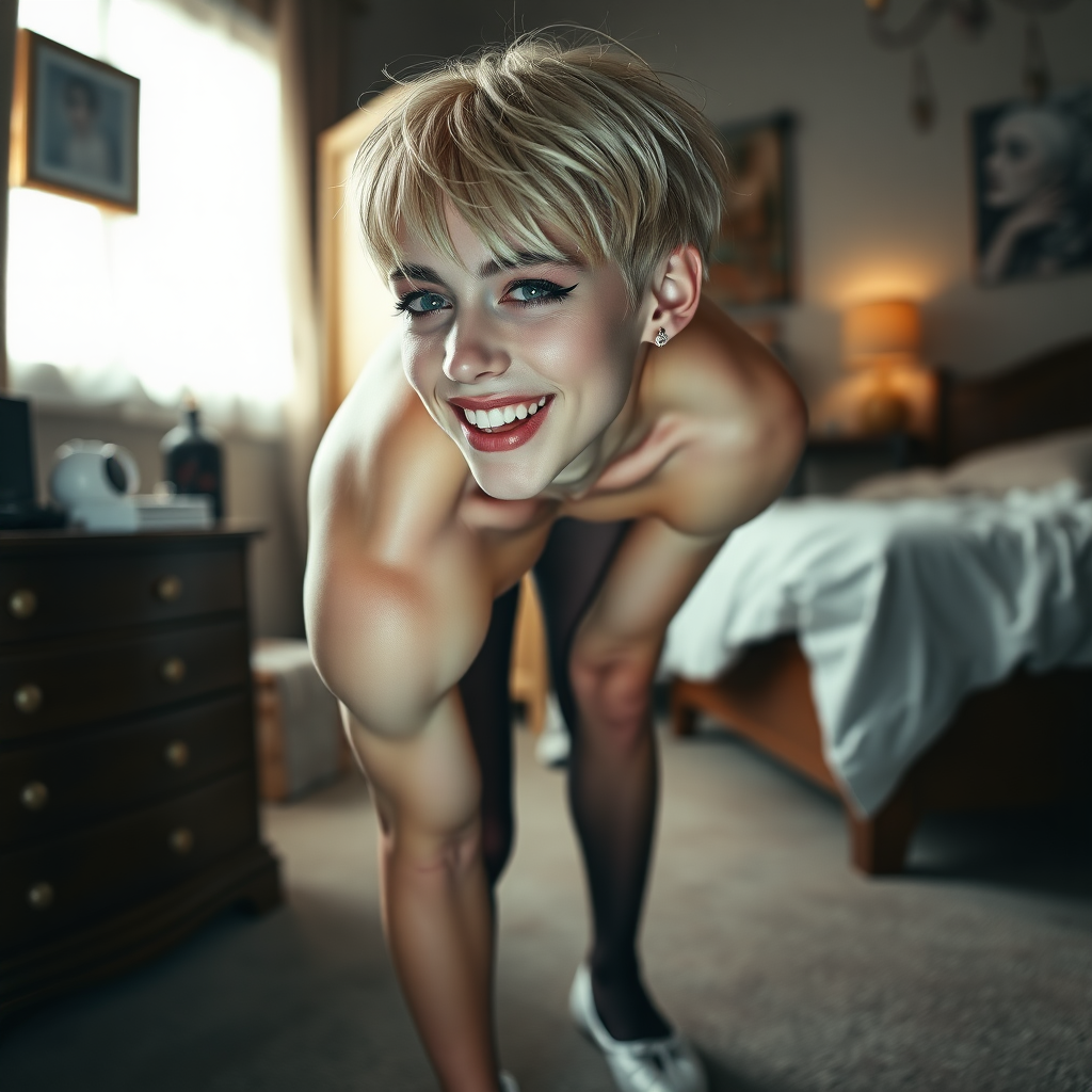 photorealistic, ultra high resolution, 16K, surreal fantasy, studio lighting, a pretty 16 year old goth male, slim male physique, short blonde hair, goth makeup, earrings, pantyhose, white ballet shoes, in the bedroom - he is bending forward, excited smile, facing the camera.