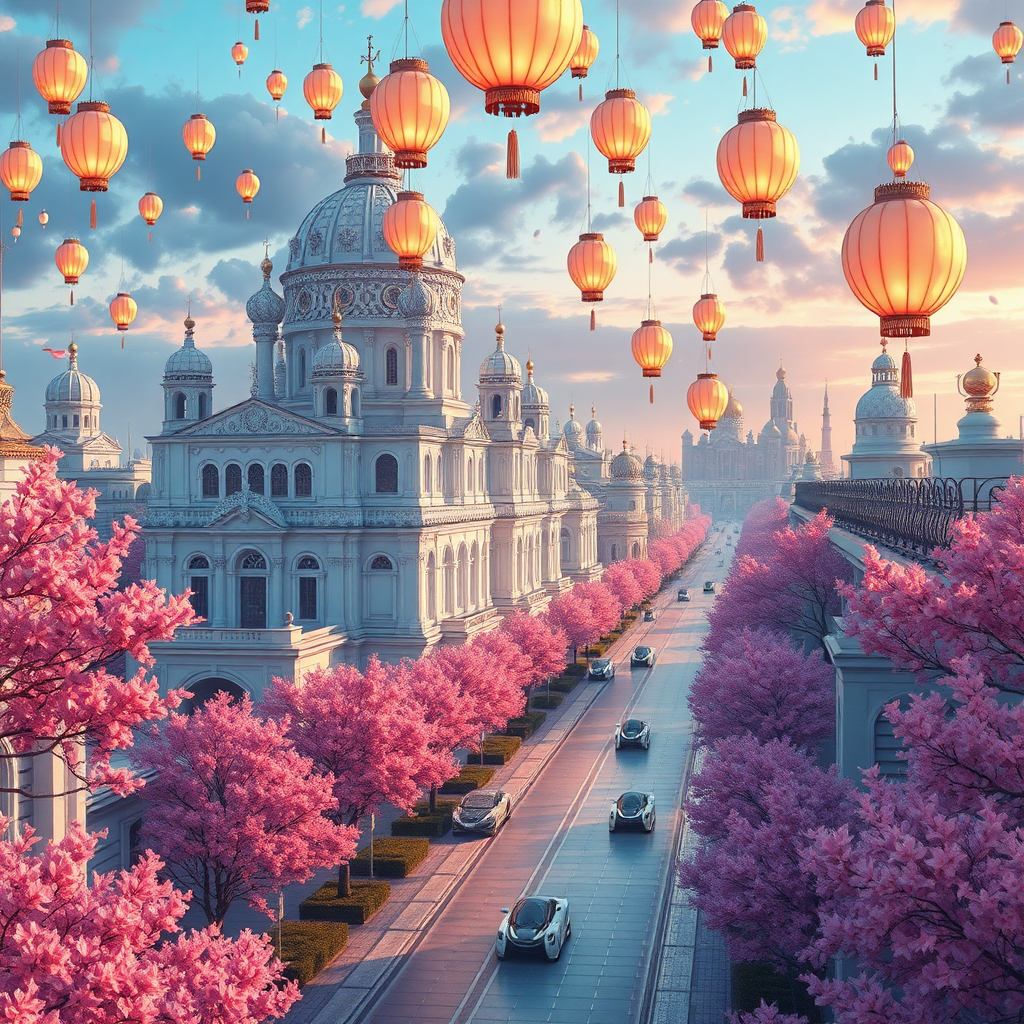 In this 8k resolution anime art, the cityscape is a breathtaking fusion of Russian Tartarian architecture and futuristic technology. The visuals are cinematic and high-quality, capturing every intricate detail with stunning clarity.

The scene is dominated by grand cathedrals and dome-shaped white buildings, their elaborate designs reflecting the ornate and historical beauty of Tartarian architecture. These structures stand majestically against a backdrop of advanced, sleek technology, creating a striking contrast between the old-world charm and modern innovation.

Floating lanterns drift gracefully through the sky, their soft, warm glow illuminating the immaculate streets below. The streets are pristine, lined with elegant pathways and surrounded by lush pink foliage that adds a vibrant and whimsical touch to the scene.

The city’s technological advancements are seamlessly integrated into the architecture, with sleek, futuristic features blending harmoniously with the historical elements. Advanced tech accents are subtly incorporated into the traditional structures, enhancing their grandeur without overpowering the aesthetic.

Below, bubble-shaped vehicles glide smoothly across the landscape, providing a whimsical and futuristic mode of transportation. These vehicles move effortlessly through the city, adding to the overall sense of a technologically advanced yet deeply rooted ancestral republic.

The entire composition is framed by the enchanting interplay of light, color, and architectural detail, creating a uniquely captivating cityscape that celebrates both historical splendor and futuristic vision.