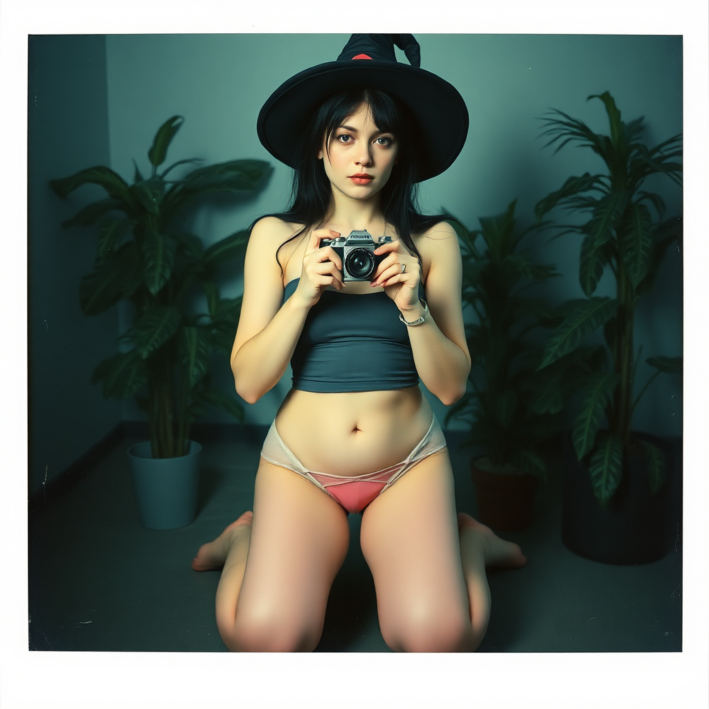 An old polaroid photo with a color tint to the photograph and visible light leaks. The photo depicts a reflection of a sexy alt goth girl with pale skin and black hair taking a self-portrait with an old film camera. She has a plump booty. Her mascara is running. She has large breasts almost visible within a tight-fitting gray tube top, and she is wearing a skimpy g-string that leaves a gap between her pubic area and thigh. The fabric of her g-string is skimpy and pink and white and barely covers her, and her bra is translucent and pink and white. She is in a photography studio with artistic lighting, and plants are all around behind her. She is kneeling with her knees spread apart above a large mirror. Her underwear is wet. She is wearing a witch hat.