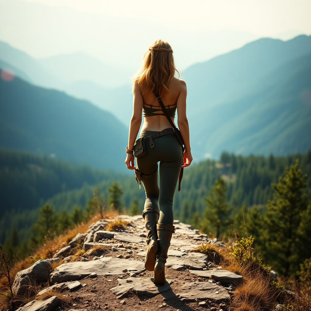 A full body portrait of a twenty something elven female like Ana de Armas, athletic, thin, medium length messy strawberry blond hair. Walking on a mountain path above a forest. Wearing a crop top and panties, high heel boots, in a fantasy style. Adventuring gear and weapons. She is facing away from the camera. Hyperrealistic, film grain, lens flare, god-rays.