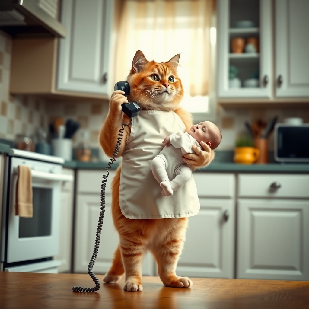 A human-sized cat standing on two legs in a kitchen. A human baby is in its arms. The cat is wearing an apron and talking on a corded phone.