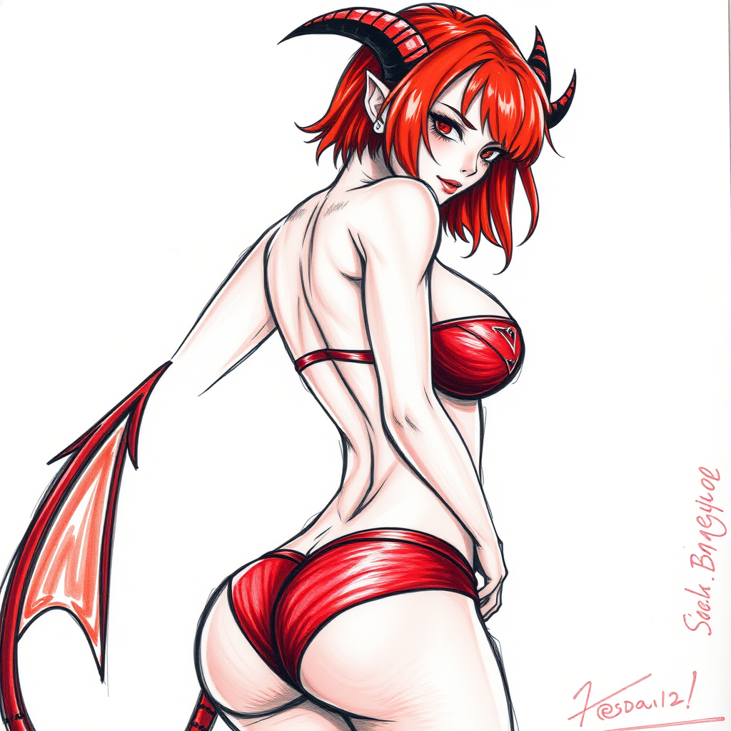 A terrible anime drawing with crayons: A seductive hypersexualized gorgeous succubus demon woman, short red hair, massive butt, red bikini, horns, sexy waist, full body.