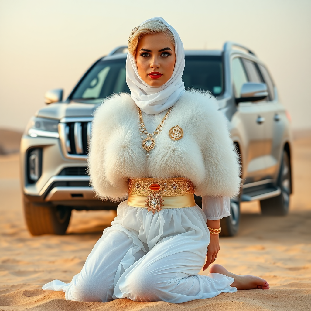 Kuwait desert dunes misty dawn, full size luxury SUV: Melissa, European 17 years old very convincing femboy “trophy-bimbo”, tamed servile docile, very beautiful feminine flawless face, rather short, by hormones very curvaceous womanly figured, platinum blond short tight curls, bold red lips, heavily made-up face, wearing Supertanya-style fluffy very fuzzy bright white angora turtleneck-poncho cropped ending under bust decorated with pearls and gemstones, striking oriental wide gold bridal protection belt, white fully transparent harem pants, full Oriental bridal jewelry, face covered by white sheer full Burka, coin anklets, striking diamond “$$$” letter brooch on left chest, pout frustrated, hands tied behind back, kneeling in sand in front of SUV, looking at camera. Focus on face and turtleneck-poncho.