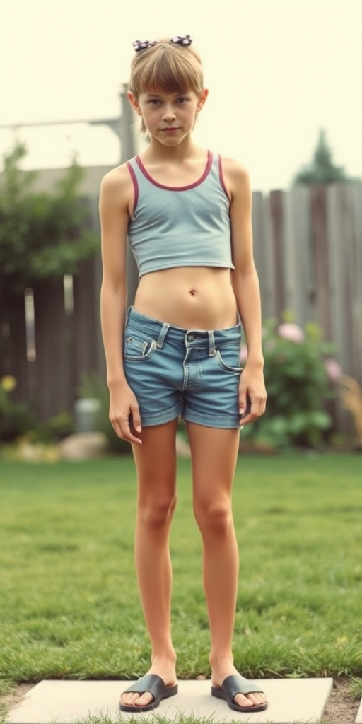 photorealistic, ultra high resolution, 16K, a tall, skinny, 14yo teen boy wearing crop thin tank top, denim tight booty shorts, long legs, bare thighs, long hairs bow cut. At backyard. Full length view. Vintage photo, 1980s.