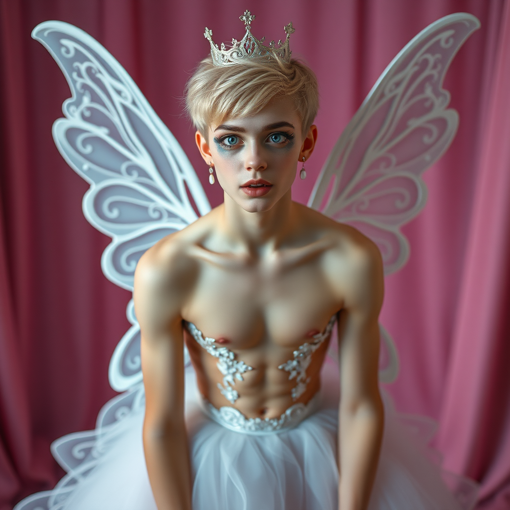 photorealistic, ultra high resolution, 16K, surreal fantasy, soft studio lighting, Caleb Swift is a pretty 16 year old goth male, slim male physique, blonde hair, blue eyes with enlarged pupils, goth makeup, earrings, white stilettos, dressed in a princess gown, fairy wings, sheer pantyhose, at a womanless pageant, excited mouth, full body front view of Caleb facing the camera.