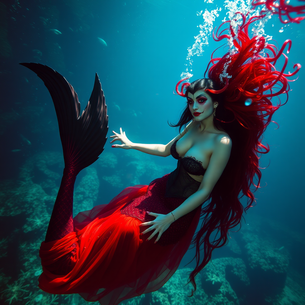 Vampirella floating underwater as a very sexy mermaid. The sea is deep and mysterious and filled with a myriad of ocean life plants, fish, and other aquatic life. Her glamor brought to real life in high definition DSLR. Dramatic lighting and shadows.