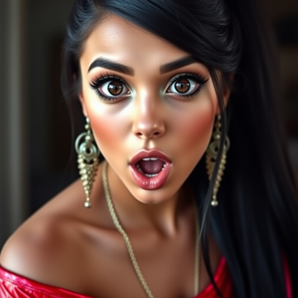 surprised Arabian girl with mouth open. She has very large eyes, black eyeshadow, black eyeliner, fake eyelashes, very tanned skin, very long hair. very high ponytail, red off shoulder shinny crop top. photo realistic, black hair.