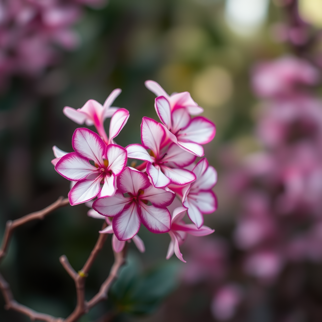 A close-up view of delicate flowers with striking white petals edged in deep magenta, arranged gracefully on thin, twisting branches. The background is softly blurred, creating a bokeh effect that emphasizes the flowers' vibrant colors. The setting evokes a tranquil garden atmosphere, with muted earth tones blending into the soft pinks and greens of the surrounding foliage. The overall aesthetic feels hyperrealistic, showcasing intricate details of the petals, including faint veins and subtle textures, contrasted against the gentle, diffused light that enhances their natural beauty.