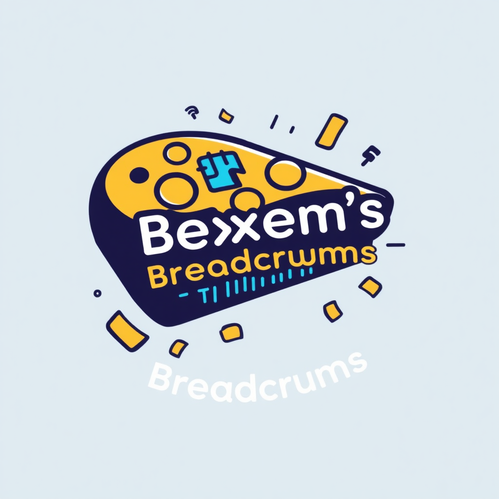 Create a playful and modern logo for a YouTube and TikTok channel called 'Bexem's Breadcrumbs'. The logo should feature a stylized loaf of bread or slice of pizza with binary code or circuit board patterns subtly integrated into it. Include small breadcrumbs scattered around, with some transforming into tech icons like microchips or Wi-Fi symbols. Use a color palette that combines warm bread tones with cool tech blues. The overall style should be minimalist yet eye-catching, suitable for both a profile picture and a banner. Add the text 'Bexem's Breadcrumbs' in a modern, sans-serif font.