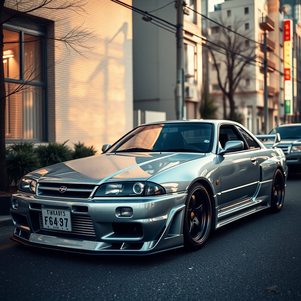 the car is parked on the side of the road, inspired by Taiyō Matsumoto, tumblr, restomod, nd4, c4 metallic shine nissan skyline r34 kalabalik tokyo gece arkaplan