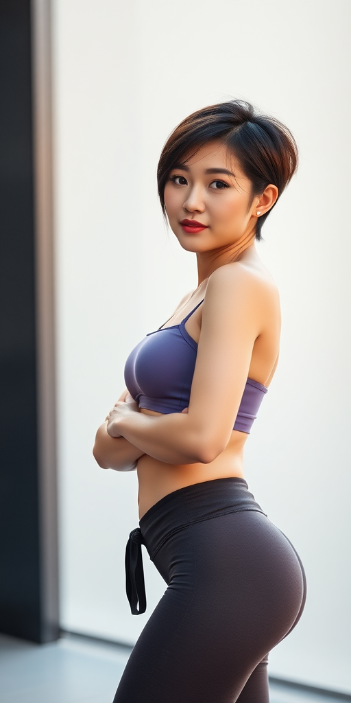 A beautiful Chinese woman, with short hair, a curvy figure, small breasts, and wearing yoga pants.