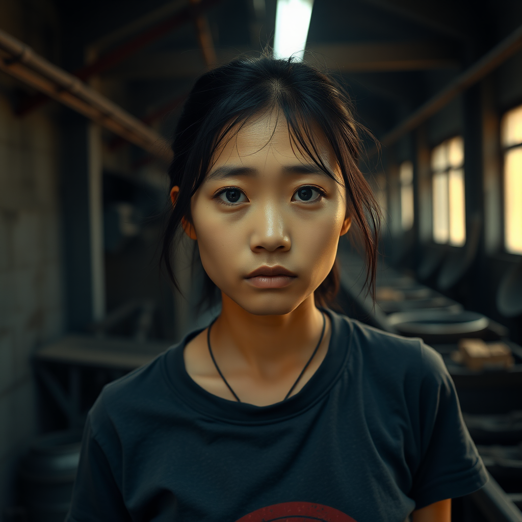 A very sad and hungry young Asian woman with a T-shirt in a very dark old factory.