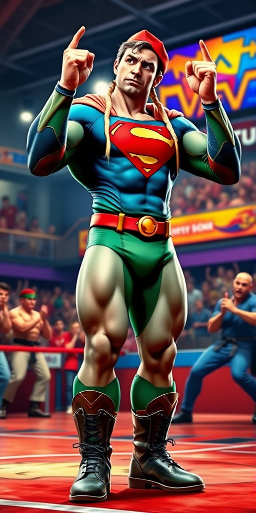 A full-length image of a bewildered Superman trapped in Cammy White's body, standing in a vibrant Street Fighter arena. The character retains Superman's iconic facial features and expression but has Cammy's blonde braids, green leotard, red beret, and combat boots. Muscular legs in a fighting stance, arms raised defensively. Background shows a colorful, detailed Street Fighter stage with cheering crowd. An opponent, possibly Ryu or Chun-Li, is seen mid-attack. Superman/Cammy's face shows confusion and alarm, eyes wide, mouth agape. Vibrant lighting and dynamic composition capture the energy of the fight and the character's internal struggle with their new form.