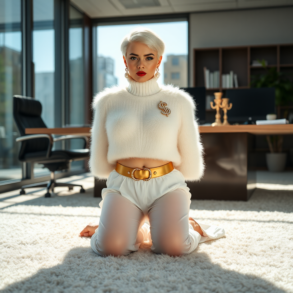 Sunny spring morning, modern glass-steel-concrete office, kneeling on fluffy carpet in front of CEO’s desk: Kimberly, 19 years old very convincing femboy “trophy-bimbo”, tamed servile docile, very beautiful feminine flawless face, rather short, by hormones very curvaceous womanly figured, platinum blond short tight curls, bold red lips, heavily made-up face, wearing Supertanya-style fluffy very fuzzy bright white angora turtleneck-poncho cropped ending under bust decorated with pearls and glass stones, striking oriental wide gold bridal protection belt, white fully transparent harem pants, large pearl earrings, striking diamond “$$$” letter brooch on left chest, pout frustrated, hands tied behind back, looking at camera. Focus on face and turtleneck-poncho.