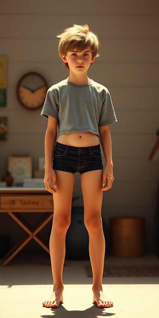 photorealistic, ultra high resolution, 16K. A skinny 14yo teen boy wearing crop t-shirt, tight booty shorts. Long legs, bare thighs, narrow hips. Vintage photograph, 1980s. Negative: grainy, blurry, bad anatomy, extra limbs, watermark.