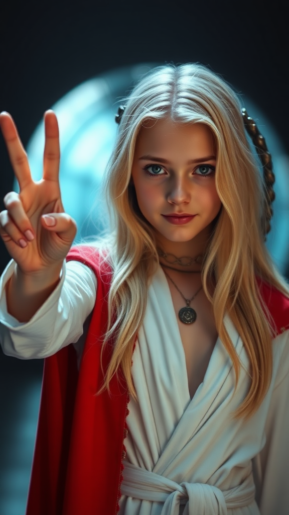 cinematic long haired blonde young girl peace sign, white robe, red cape, flat chest, flat chested, feminine face