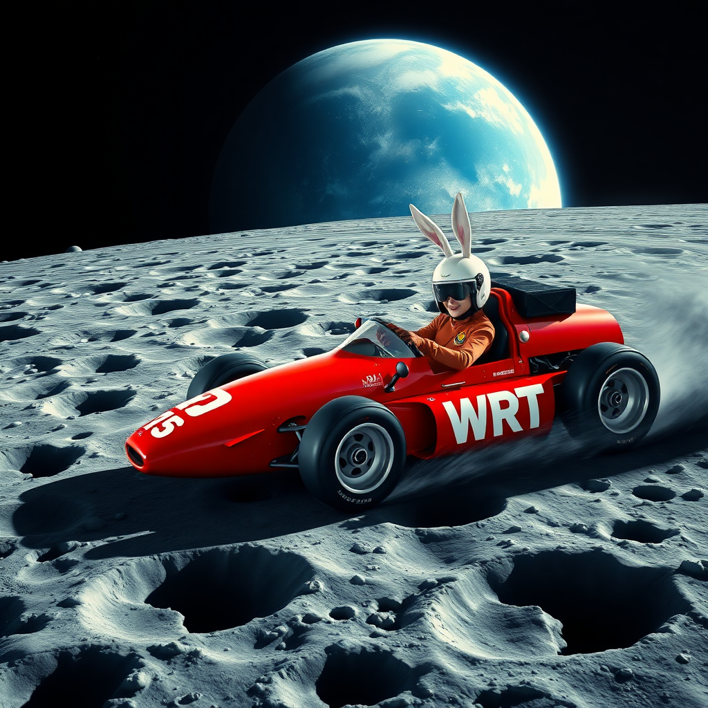 On the lunar surface of many craters, a red racing car speeds by, with "WRT" written on it. A black-haired beauty racing driver, wearing a helmet with upright white rabbit ears, tightly grips the steering wheel, with the background featuring a huge round blue Earth.