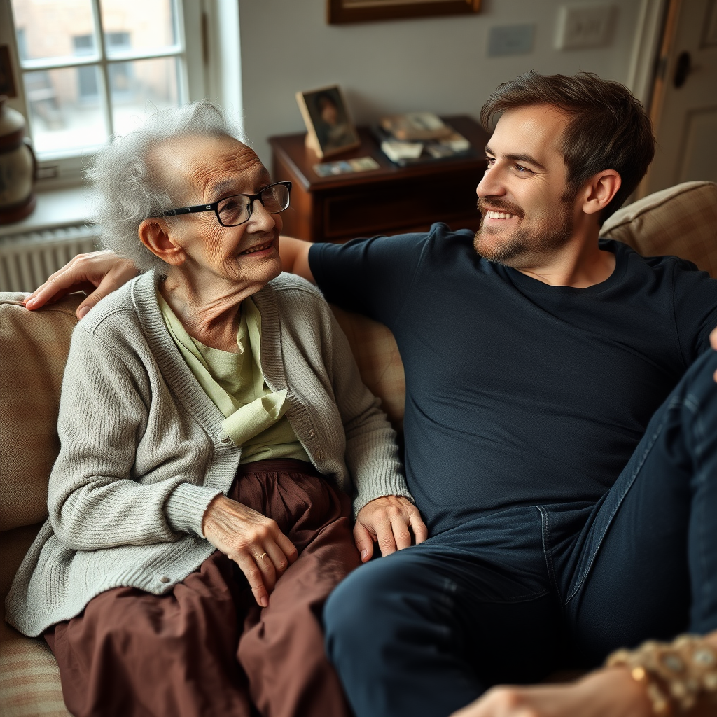 In a scene viewed from an angle and slightly above: In an old-fashioned English living room, a very frail, small and thin, very old and elderly English lady with an ugly face, kind smile, short, thinning white curly hair, wrinkled face, neck and skin, wearing thin framed glasses, an old cardigan, blouse and long skirt is sitting on a sofa with an English man about 40 years old, grey stubble on his chin, brown hair, sitting close next to her on the same sofa, wearing a black T-shirt and dark blue jeans. The man and woman are smiling at each other. The woman is looking at the man's eyes and smiling. The man is looking at the woman's eyes and smiling.