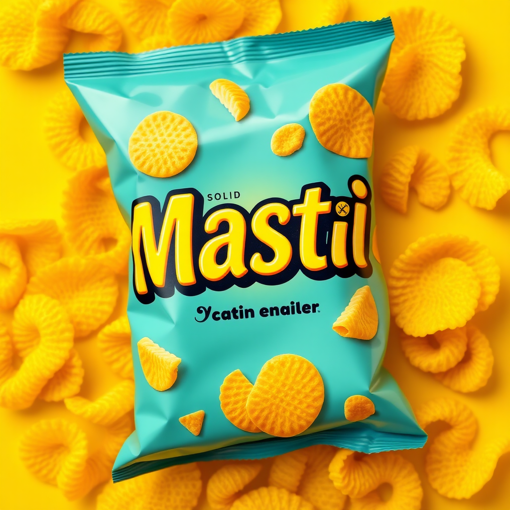 A solid masti lays packet with yellow color and enhance on the curly chips