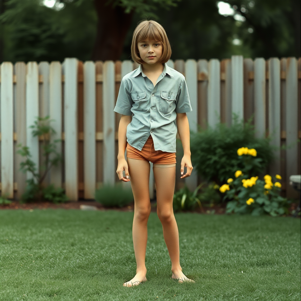 tall 14yo teen boy, long hair bob cut, wearing shirt and very tight booty shorts, long legs, narrow thighs, full-length front view. 1970s. Playing at backyard. photorealistic, ultra high resolution, 16K, Negative: grainy, blurry, bad anatomy, extra limbs, watermark.