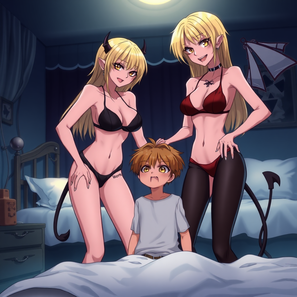 Anime, bedroom background at night, 2 mischievous tall-slender demon women, short blond hair, wearing sexy-micro bikini-bra-like clothing, red-lips, g-string, Womb tattoo on belly, mischievous smile, large breasts, full body, long legs, they are looking at a teenage boy scared.