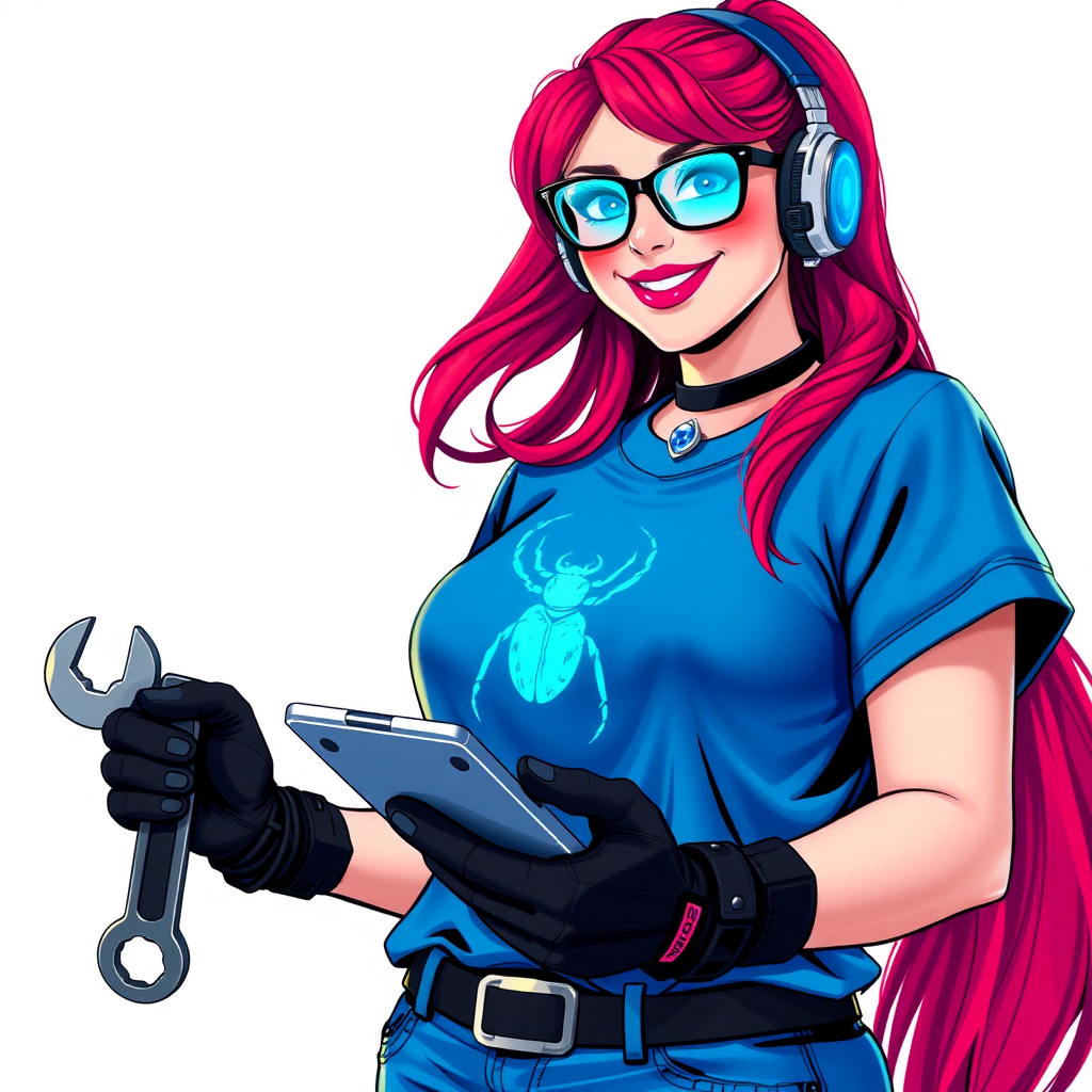 A full-sized, intelligent and tech-savvy 28-year-old computer hacker and tech genius. She has a long ruby red ponytail. She wears maximum blue lipstick, blue eyes, a sapphire beetle gemstone necklace, sapphire earrings, black eyeglasses, hi-tech power gloves, and an oversized maximum blue t-shirt featuring a neon blue glowing beetle chest icon. She has a full-figured physique with a prominent, wrecking ball-sized midsection, reflecting her well-cared-for lifestyle. She sports a sapphire headset with a hi-tech maximum turquoise lensed HUD, and a beaming smile accentuated by a passionate neon red blush. She serves as his tech expert from his hideout, holding a futuristic tool wrench and a futuristic digital tablet. The background is solid white. She is drawn as if she was in a retro 2D cyberpunk fighting game.